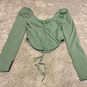 Free People Green Puff Sleeve Crop Blouse